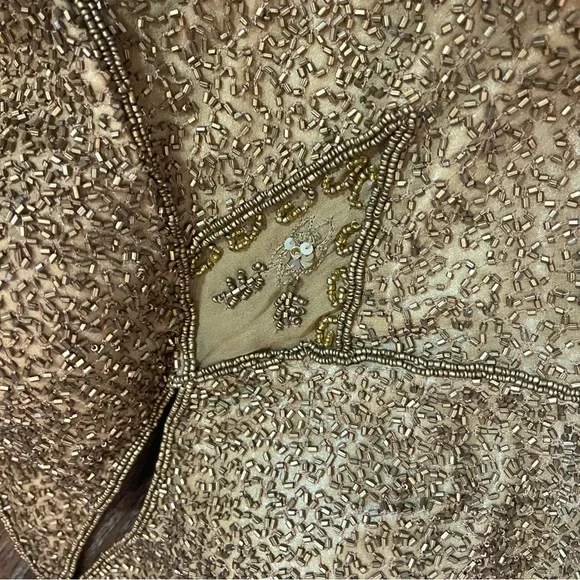 Vintage 100% Silk Beaded Dress Gold Beaded Dress Train Sheer Silk Fairy Prom - Picture 8 of 17